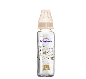 Bambino Белая стеклянная бутылочка для новорожденных с крышкой в виде птицы и поддоном 225 мл (BAM10060)