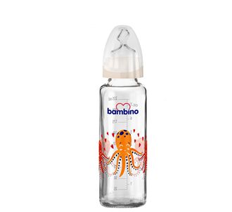 Bambino Белая стеклянная детская бутылочка 225 мл с крышкой в виде осьминога (BAM10059)