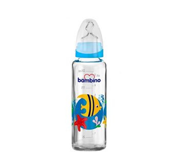 Bambino Голубая стеклянная бутылочка с узором в виде рыбок с поддоном 225 мл (BAM10058)
