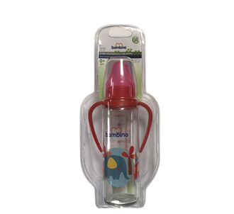 Bambino Силиконовая стеклянная детская бутылочка с вишневым наконечником 225 мл красная B016