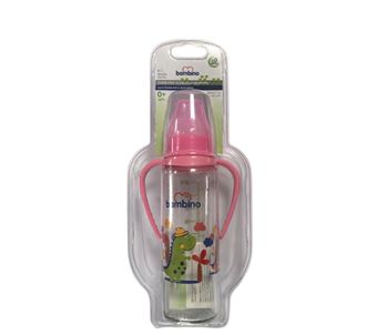 Bambino Силиконовая стеклянная детская бутылочка с вишневым наконечником 225 мл розовая B016