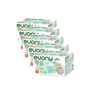 Evony 3 Ply 5 Pack of 50 with Soft Elastic Ears Green Surgical Mask