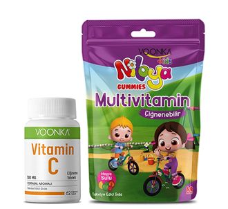 Voonka Витамин C жевательные таблетки 500 мг 62 таблетки + Niloya Gummies мультивитамины жевательные фруктовые сочные 60 штук (VOON10005)